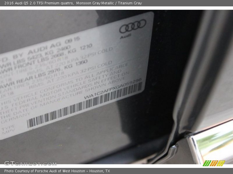 Monsoon Gray Metallic / Titanium Gray 2016 Audi Q5 2.0 TFSI Premium quattro