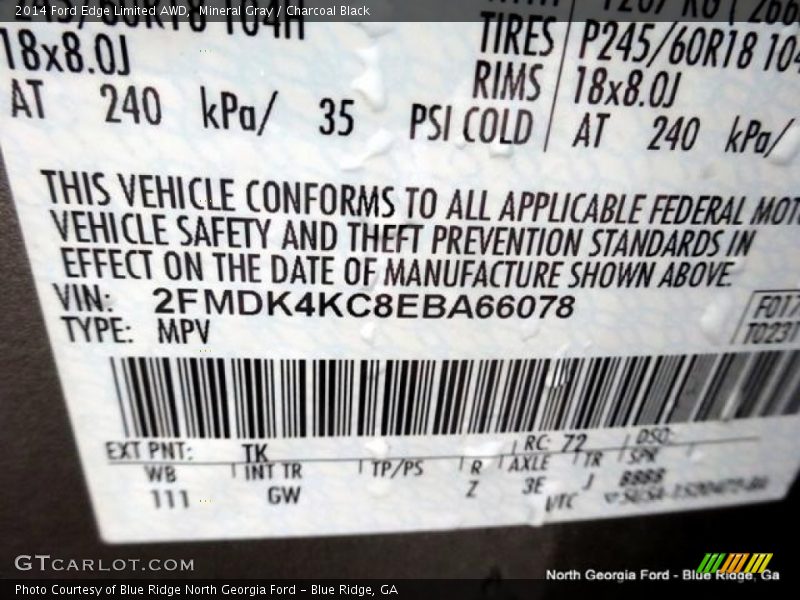 Mineral Gray / Charcoal Black 2014 Ford Edge Limited AWD