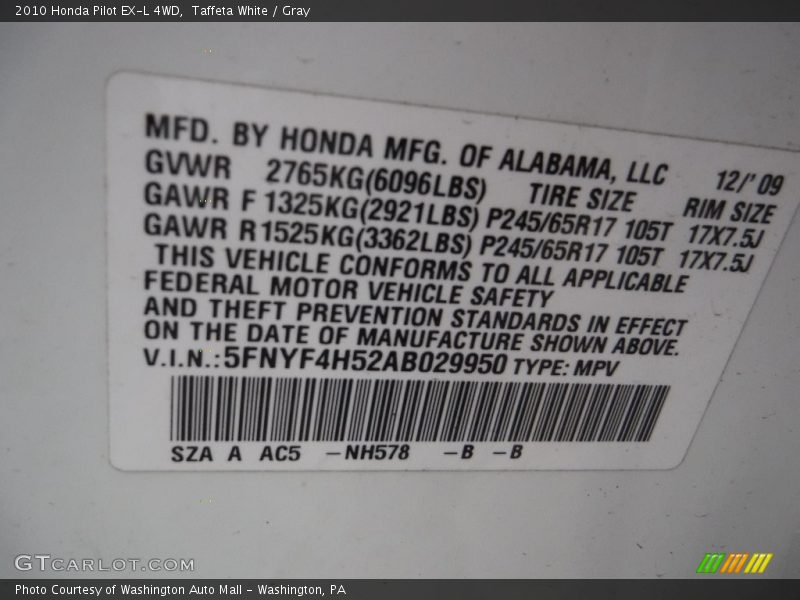 Taffeta White / Gray 2010 Honda Pilot EX-L 4WD