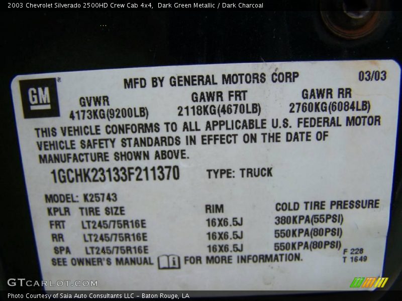 Dark Green Metallic / Dark Charcoal 2003 Chevrolet Silverado 2500HD Crew Cab 4x4