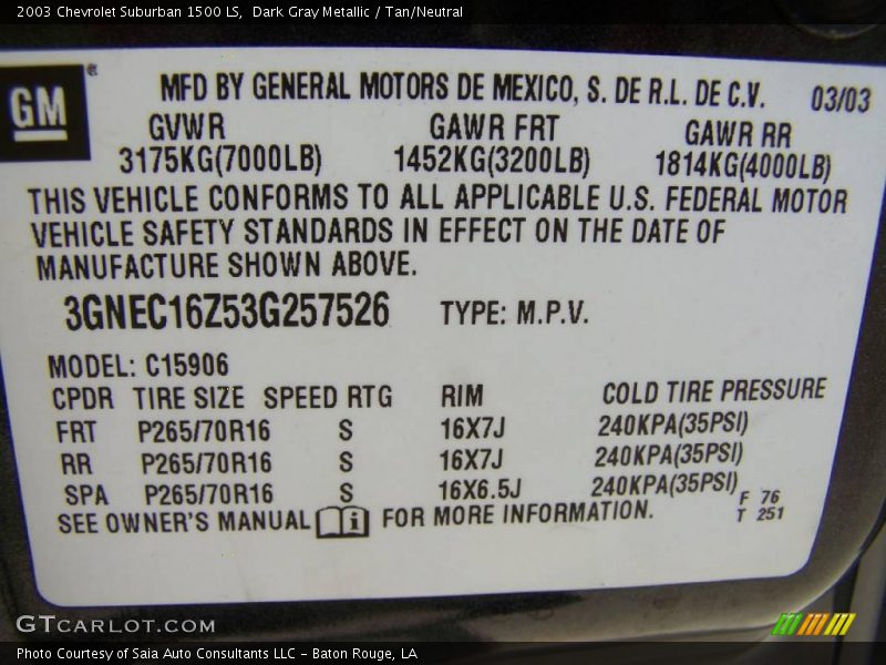 Dark Gray Metallic / Tan/Neutral 2003 Chevrolet Suburban 1500 LS