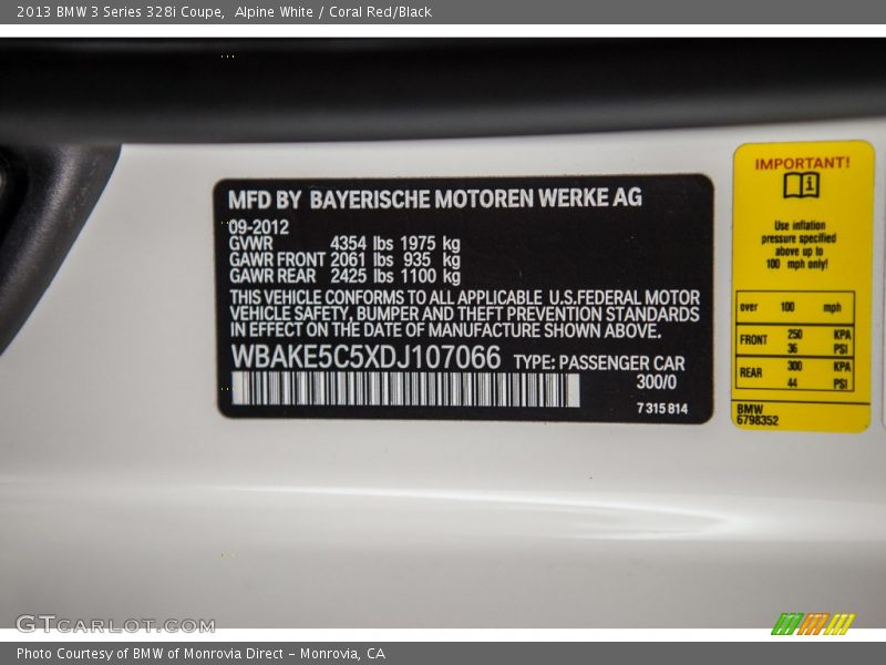 Alpine White / Coral Red/Black 2013 BMW 3 Series 328i Coupe