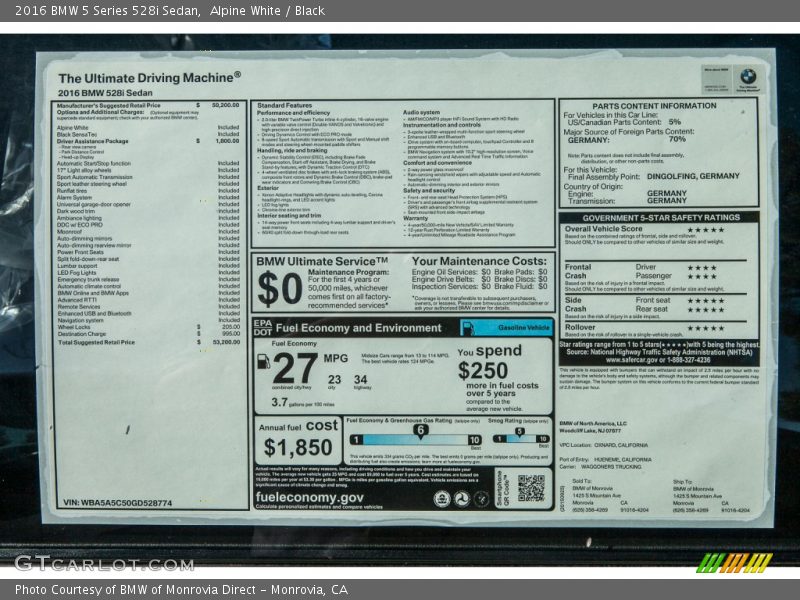 Alpine White / Black 2016 BMW 5 Series 528i Sedan