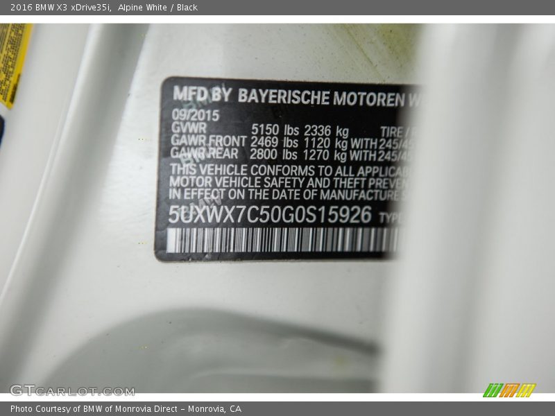 Alpine White / Black 2016 BMW X3 xDrive35i