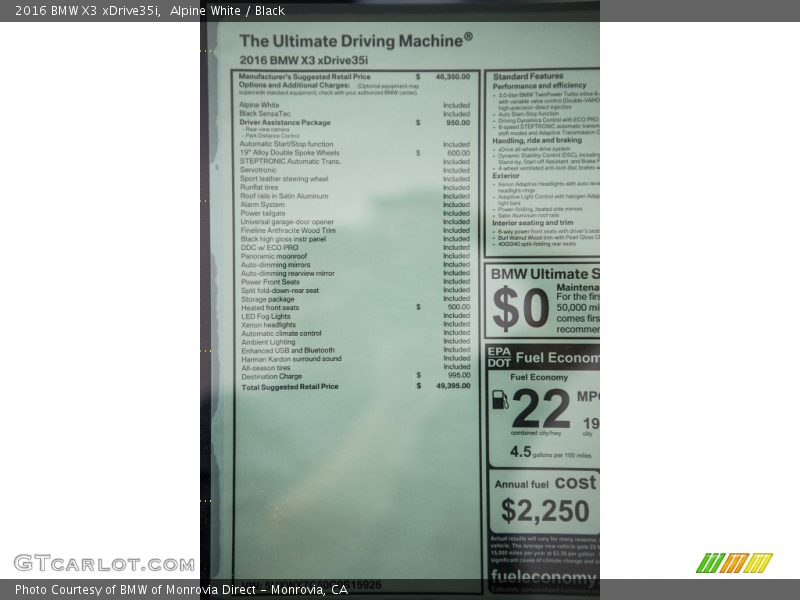 Alpine White / Black 2016 BMW X3 xDrive35i