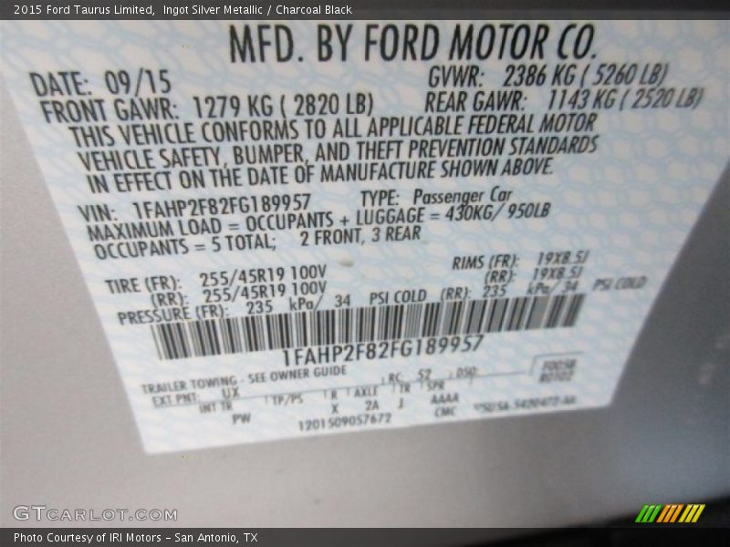 Ingot Silver Metallic / Charcoal Black 2015 Ford Taurus Limited