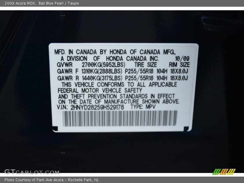 Bali Blue Pearl / Taupe 2009 Acura MDX