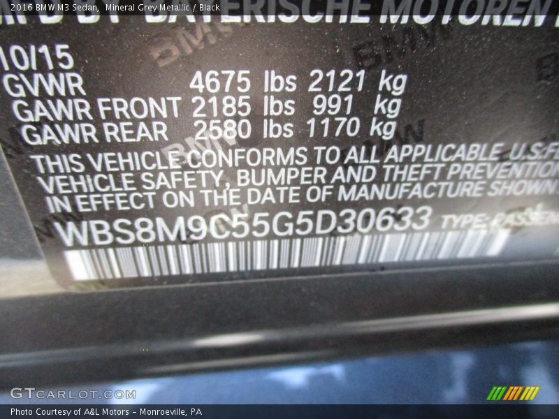 Mineral Grey Metallic / Black 2016 BMW M3 Sedan