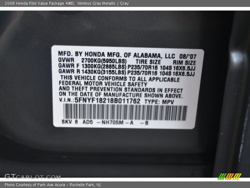 Nimbus Gray Metallic / Gray 2008 Honda Pilot Value Package 4WD