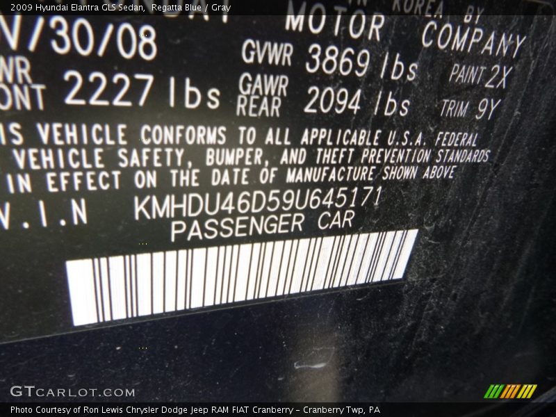 Regatta Blue / Gray 2009 Hyundai Elantra GLS Sedan