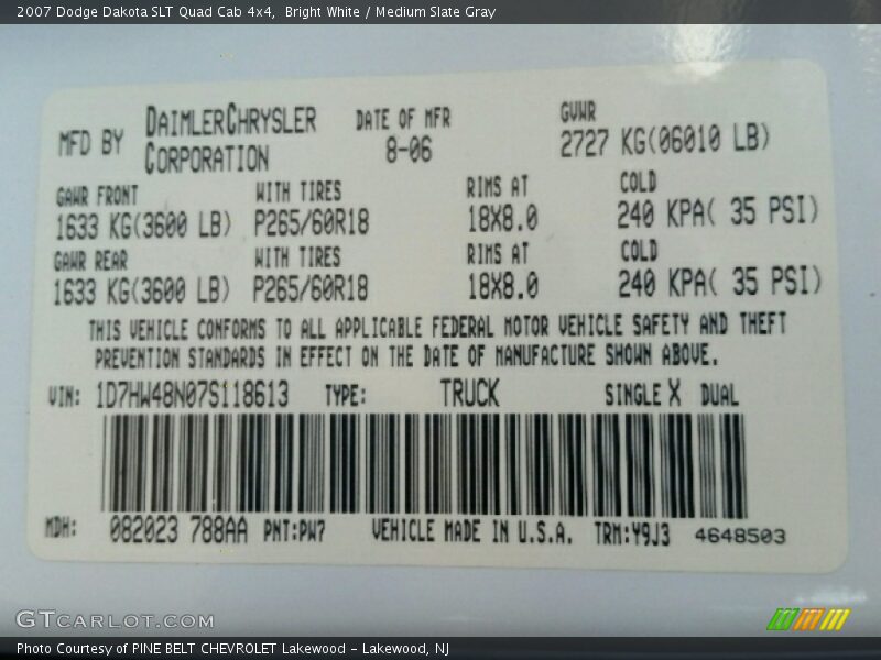 Bright White / Medium Slate Gray 2007 Dodge Dakota SLT Quad Cab 4x4