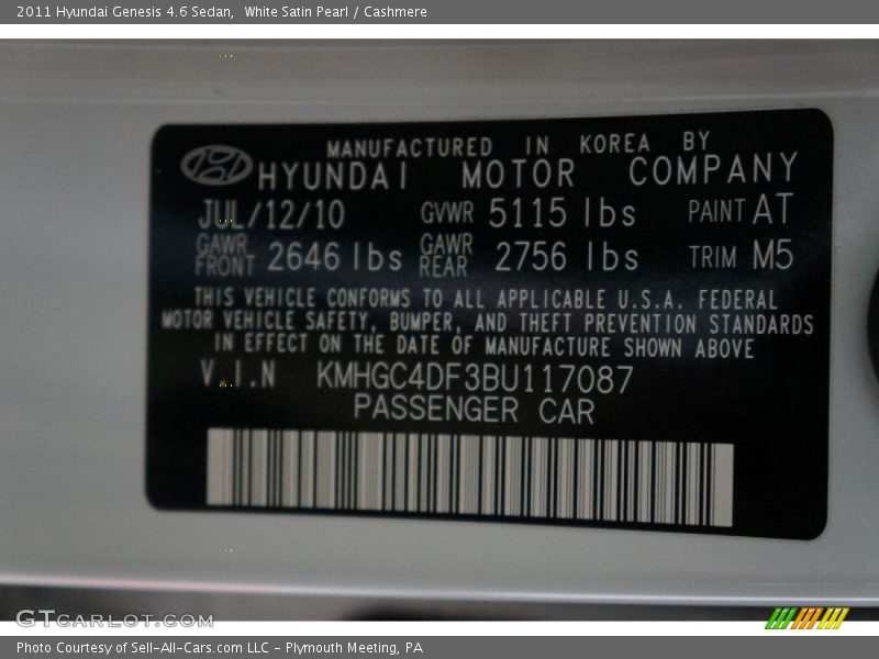 White Satin Pearl / Cashmere 2011 Hyundai Genesis 4.6 Sedan