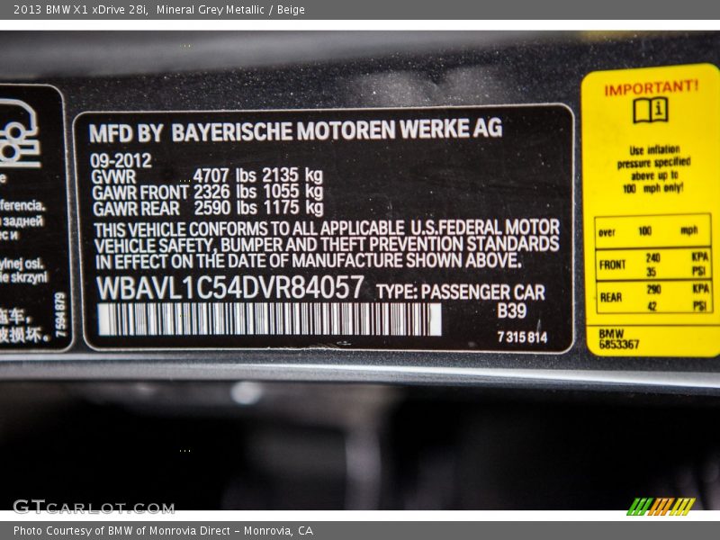 Mineral Grey Metallic / Beige 2013 BMW X1 xDrive 28i