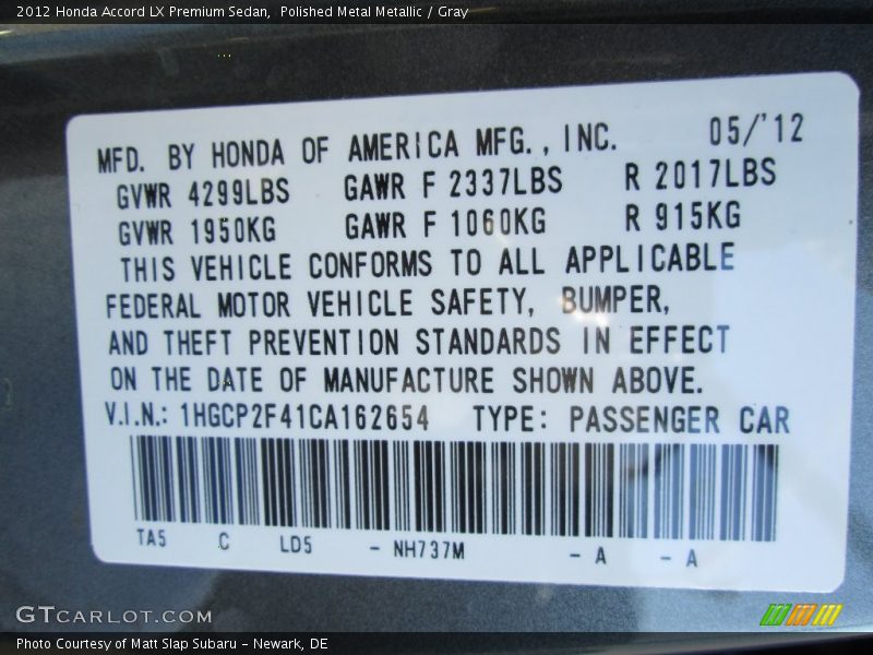 Polished Metal Metallic / Gray 2012 Honda Accord LX Premium Sedan