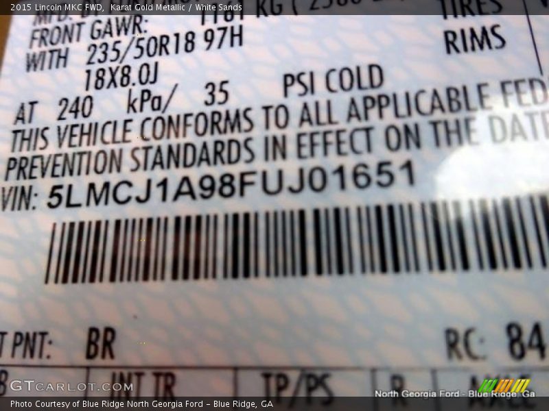 Karat Gold Metallic / White Sands 2015 Lincoln MKC FWD