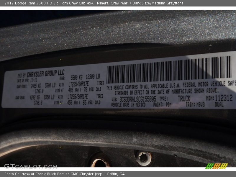 Mineral Gray Pearl / Dark Slate/Medium Graystone 2012 Dodge Ram 3500 HD Big Horn Crew Cab 4x4