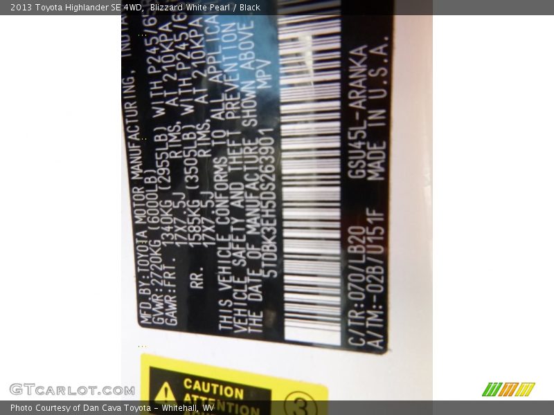 Blizzard White Pearl / Black 2013 Toyota Highlander SE 4WD