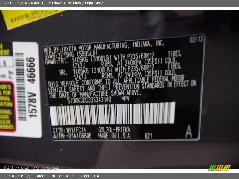 Predawn Gray Mica / Light Gray 2013 Toyota Sienna LE