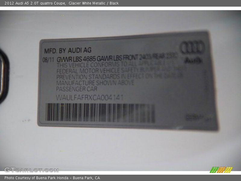 Glacier White Metallic / Black 2012 Audi A5 2.0T quattro Coupe