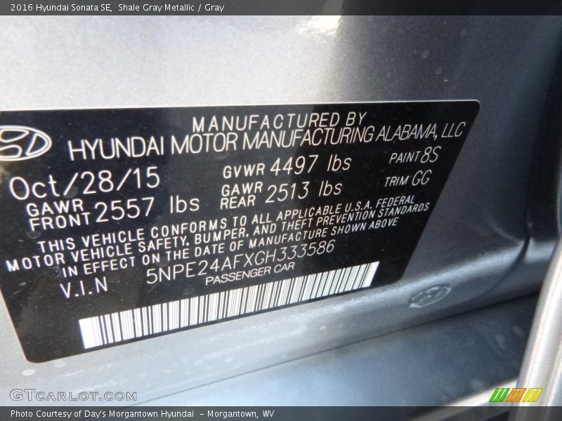 Shale Gray Metallic / Gray 2016 Hyundai Sonata SE