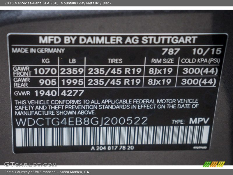 2016 GLA 250 Mountain Grey Metallic Color Code 787