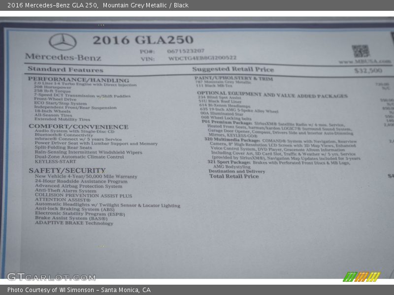 Mountain Grey Metallic / Black 2016 Mercedes-Benz GLA 250