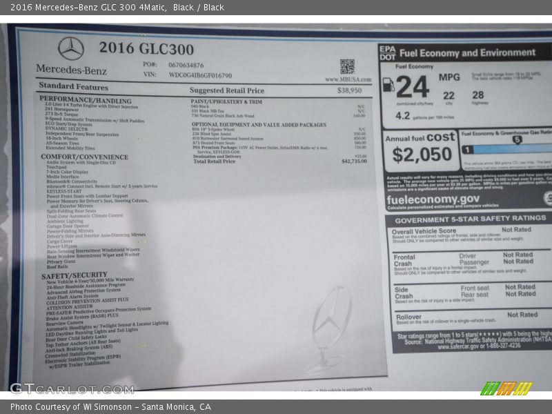  2016 GLC 300 4Matic Window Sticker