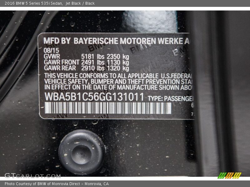 Jet Black / Black 2016 BMW 5 Series 535i Sedan