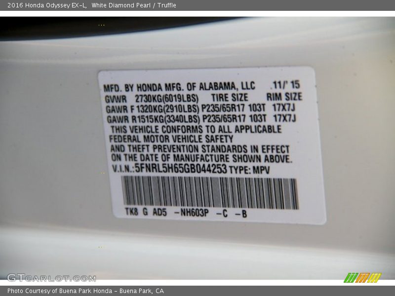 White Diamond Pearl / Truffle 2016 Honda Odyssey EX-L