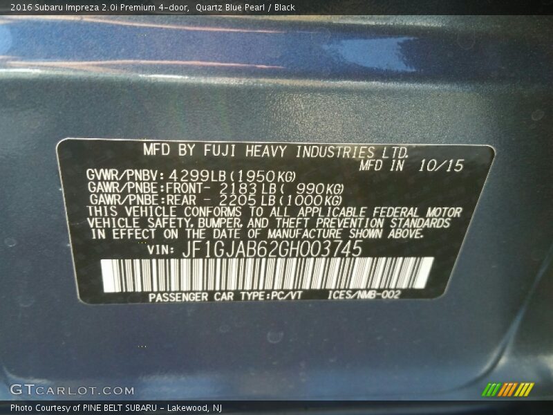 Quartz Blue Pearl / Black 2016 Subaru Impreza 2.0i Premium 4-door