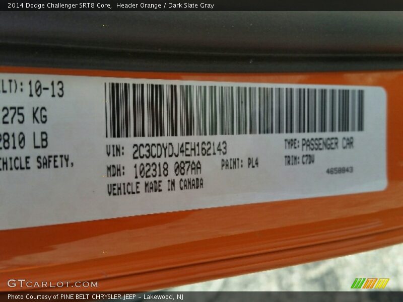 2014 Challenger SRT8 Core Header Orange Color Code PL4