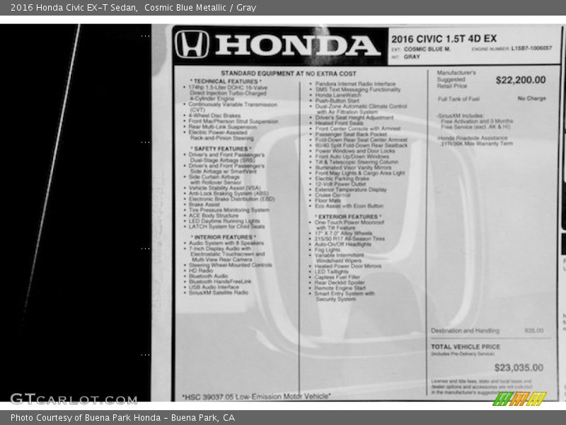  2016 Civic EX-T Sedan Window Sticker