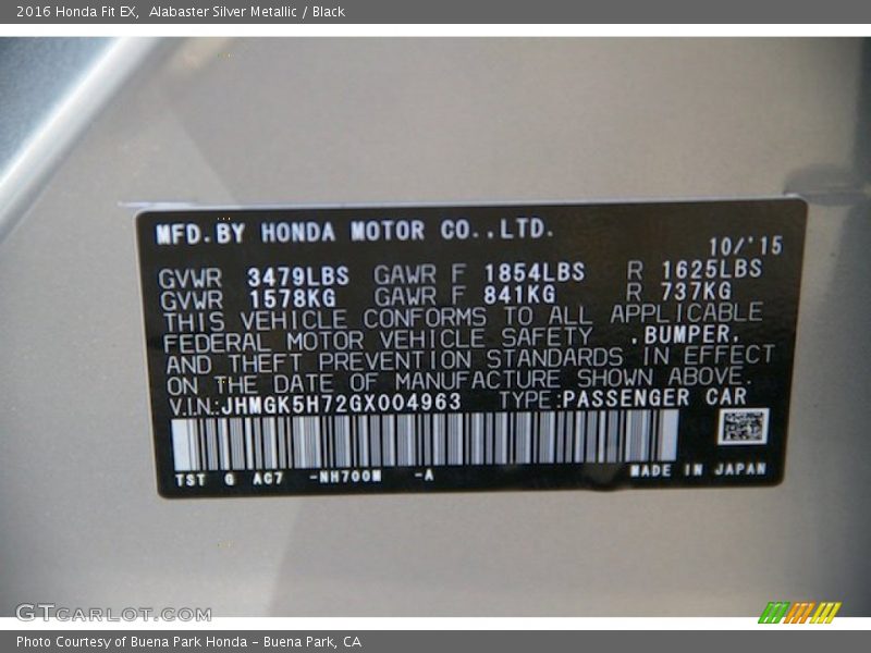 Alabaster Silver Metallic / Black 2016 Honda Fit EX