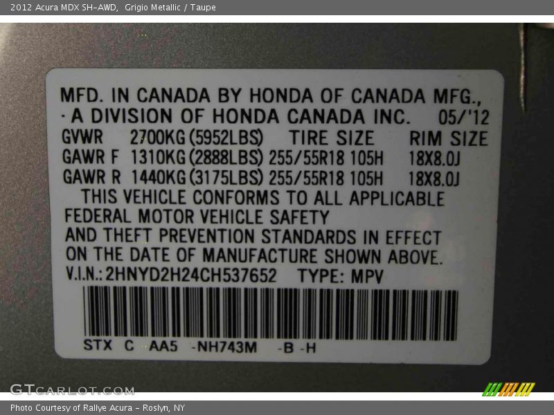 Grigio Metallic / Taupe 2012 Acura MDX SH-AWD