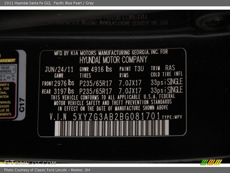 Pacific Blue Pearl / Gray 2011 Hyundai Santa Fe GLS
