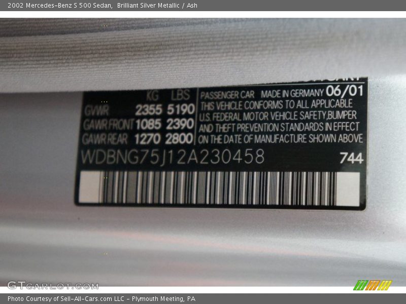 Brilliant Silver Metallic / Ash 2002 Mercedes-Benz S 500 Sedan