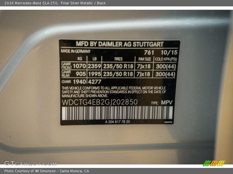 2016 GLA 250 Polar Silver Metallic Color Code 761