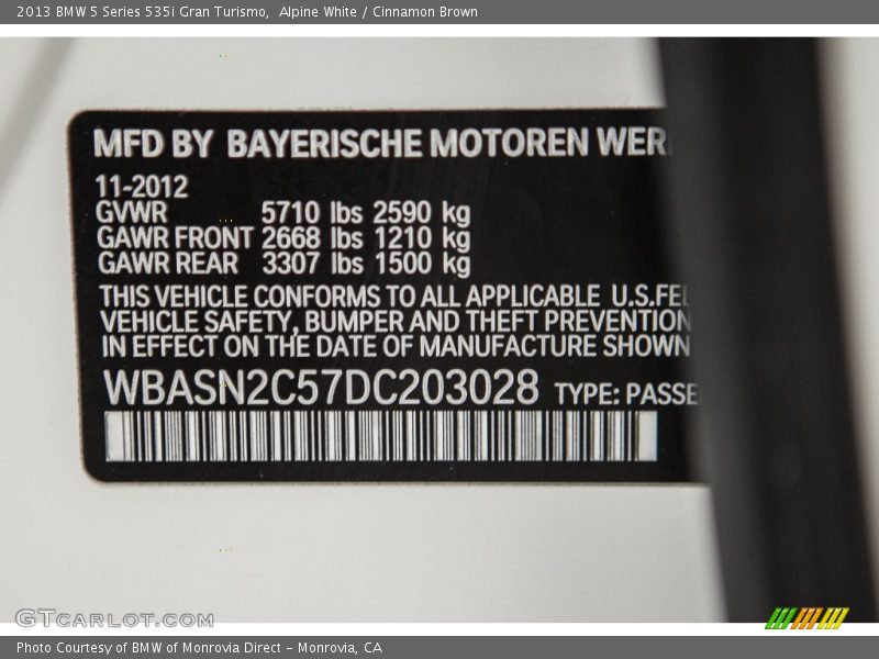 Alpine White / Cinnamon Brown 2013 BMW 5 Series 535i Gran Turismo