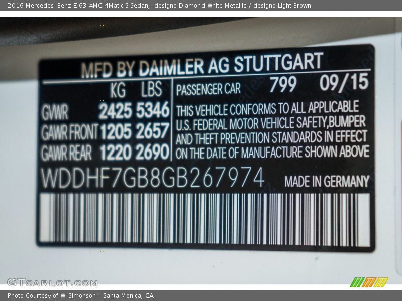 2016 E 63 AMG 4Matic S Sedan designo Diamond White Metallic Color Code 799