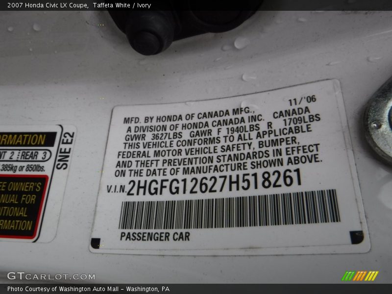 Taffeta White / Ivory 2007 Honda Civic LX Coupe