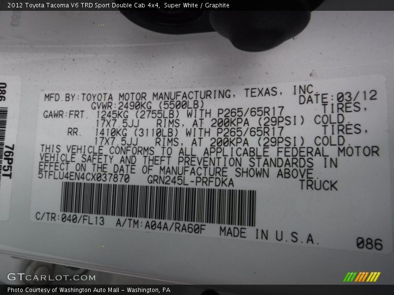 Super White / Graphite 2012 Toyota Tacoma V6 TRD Sport Double Cab 4x4