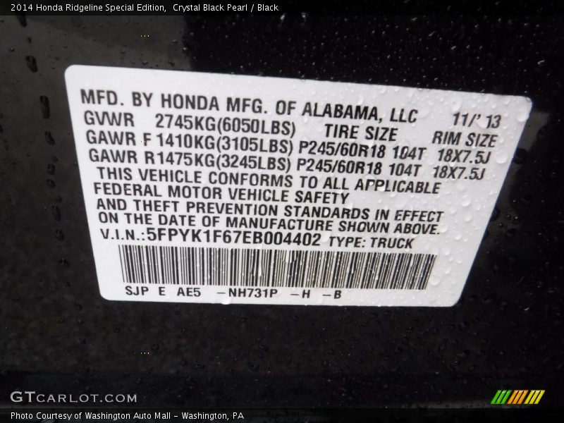 Crystal Black Pearl / Black 2014 Honda Ridgeline Special Edition