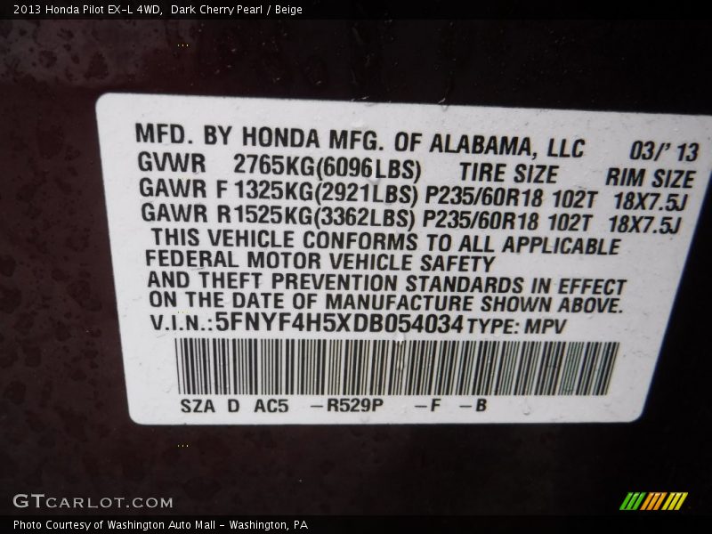 Dark Cherry Pearl / Beige 2013 Honda Pilot EX-L 4WD