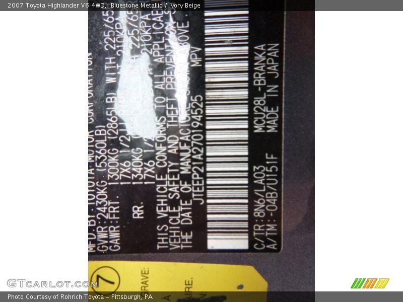 Bluestone Metallic / Ivory Beige 2007 Toyota Highlander V6 4WD