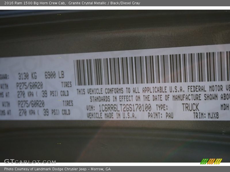 2016 1500 Big Horn Crew Cab Granite Crystal Metallic Color Code PAU