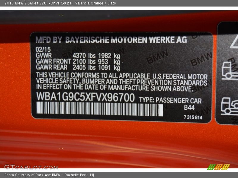 2015 2 Series 228i xDrive Coupe Valencia Orange Color Code B44