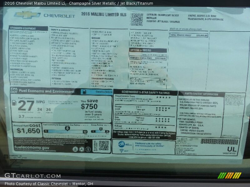 Champagne Silver Metallic / Jet Black/Titanium 2016 Chevrolet Malibu Limited LS