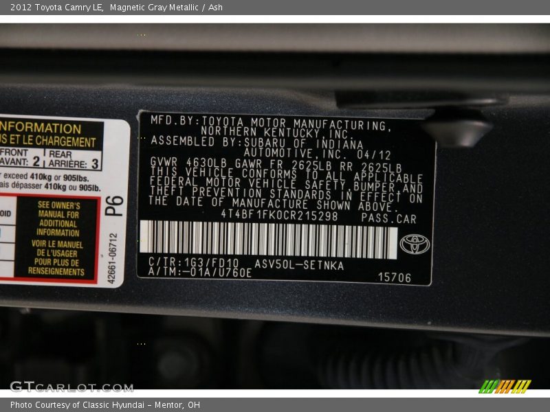 Magnetic Gray Metallic / Ash 2012 Toyota Camry LE