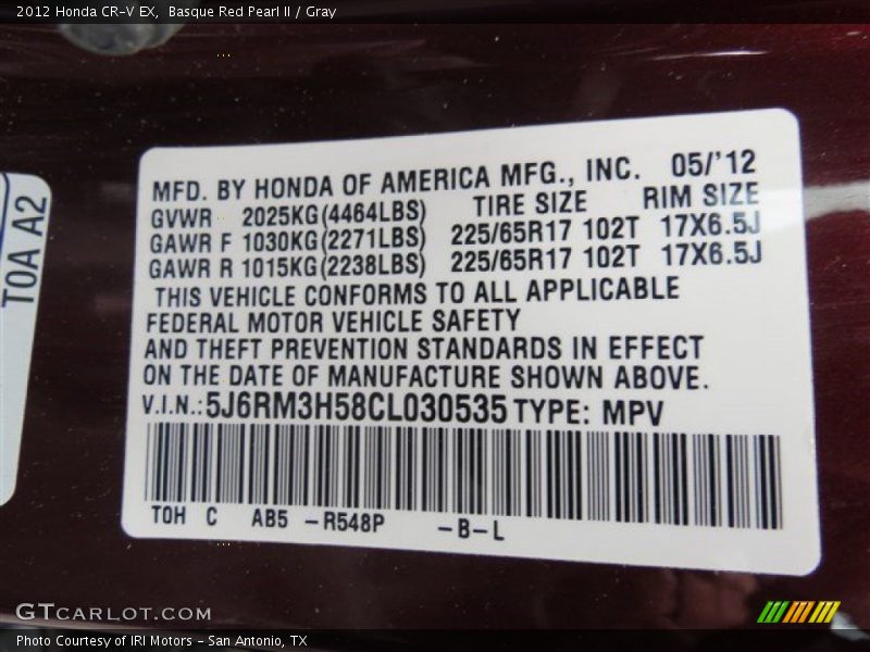 Basque Red Pearl II / Gray 2012 Honda CR-V EX