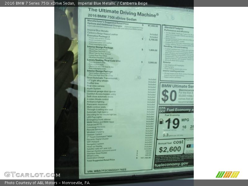  2016 7 Series 750i xDrive Sedan Window Sticker